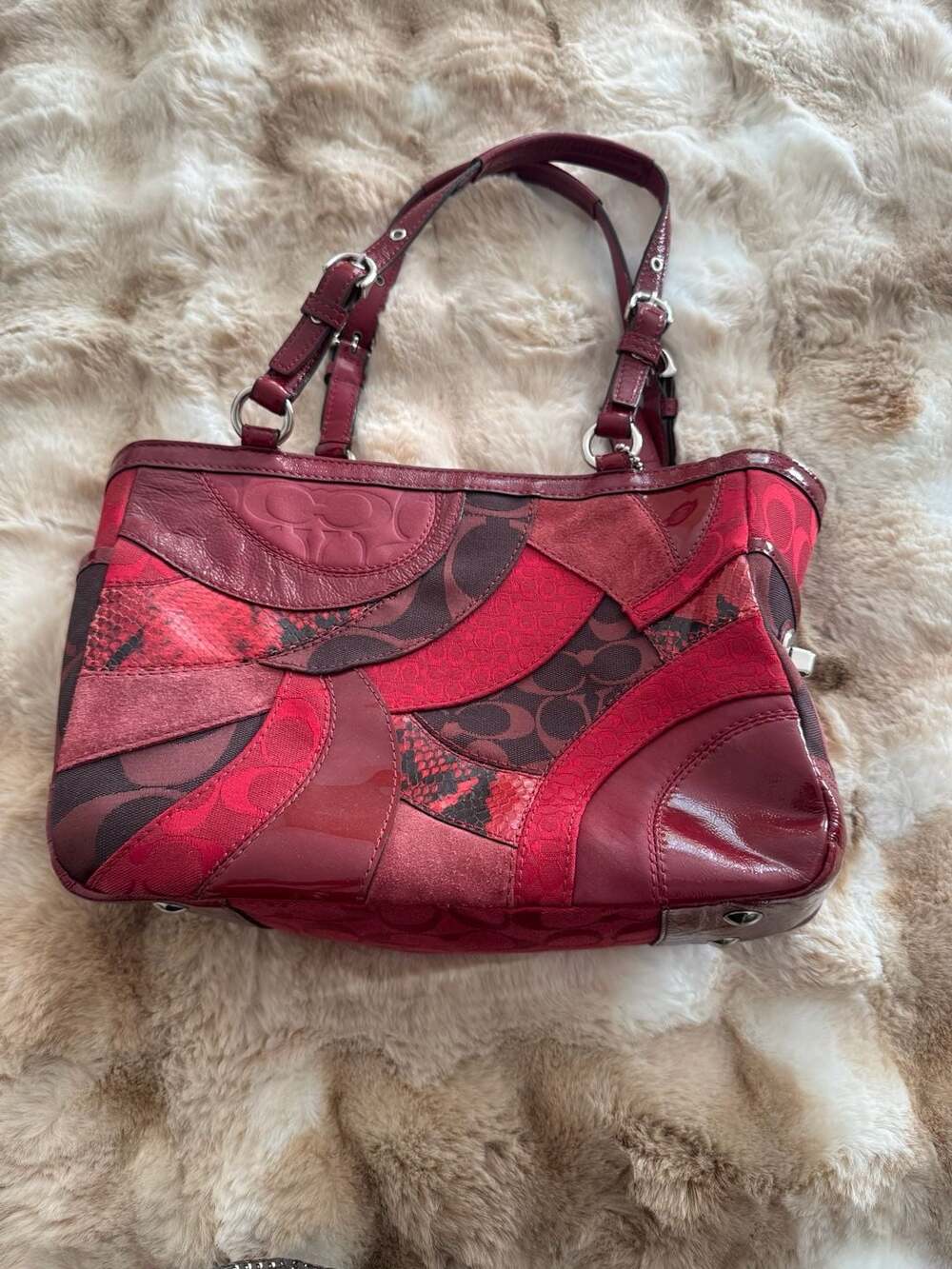 Coach Circle Patchwork Berry Multicolor Tote Hand Bag Purse